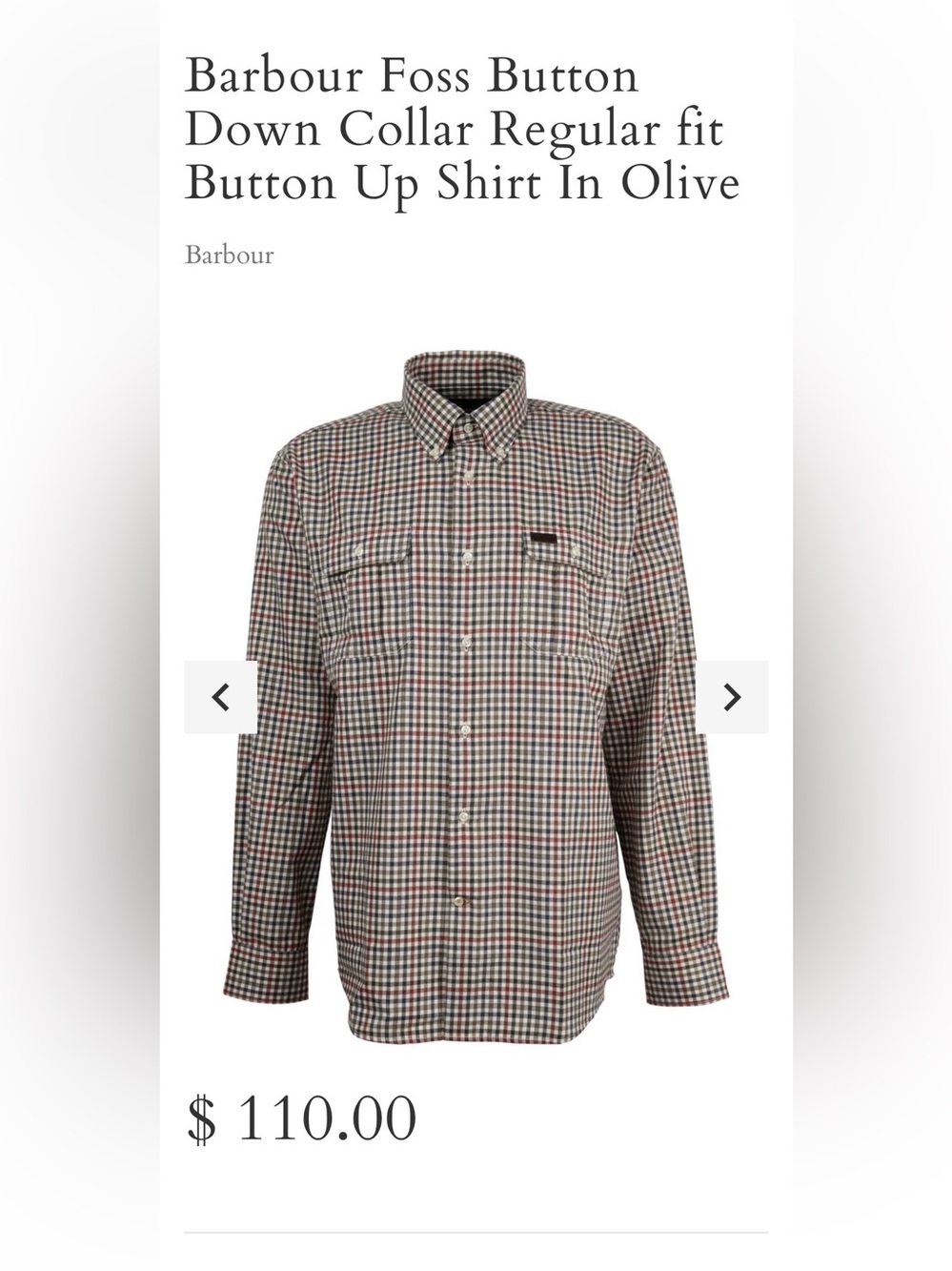 Barbour Foss Regular Fit Button Down Shirt in Olive Plaid - Size XL